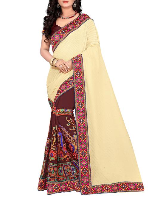 beige and brown half & half saree with blouse - 14416388 - Standard Image - 1