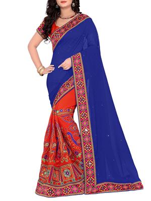 blue and orange half & half saree with blouse - 14416389 - Standard Image - 1