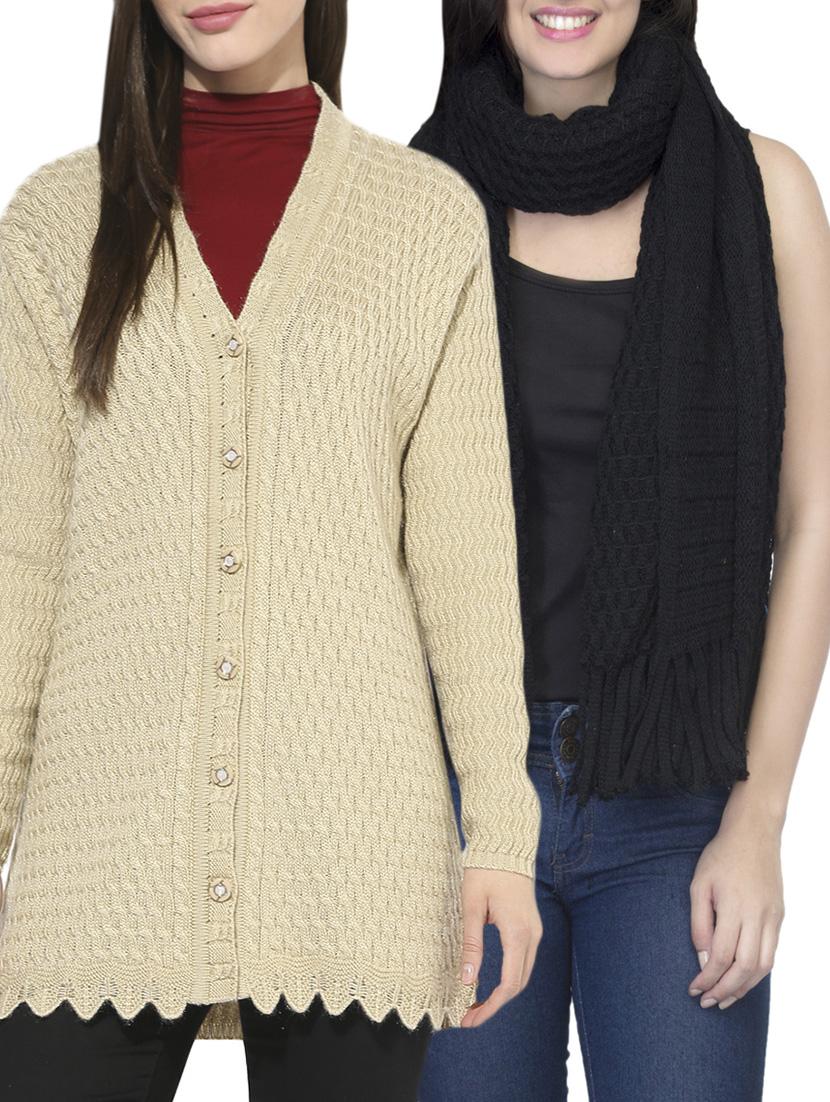 Set of 2 cream woolen cardigan with muffler - 14417525 - Zoom Image - 1