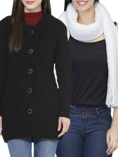 Set of 2 black woolen cardigan with muffler - 14417526 - Very Small Image - 1