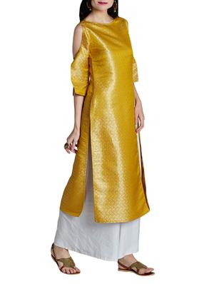 yellow silk high slit kurta - 14417712 - Standard Image - 2