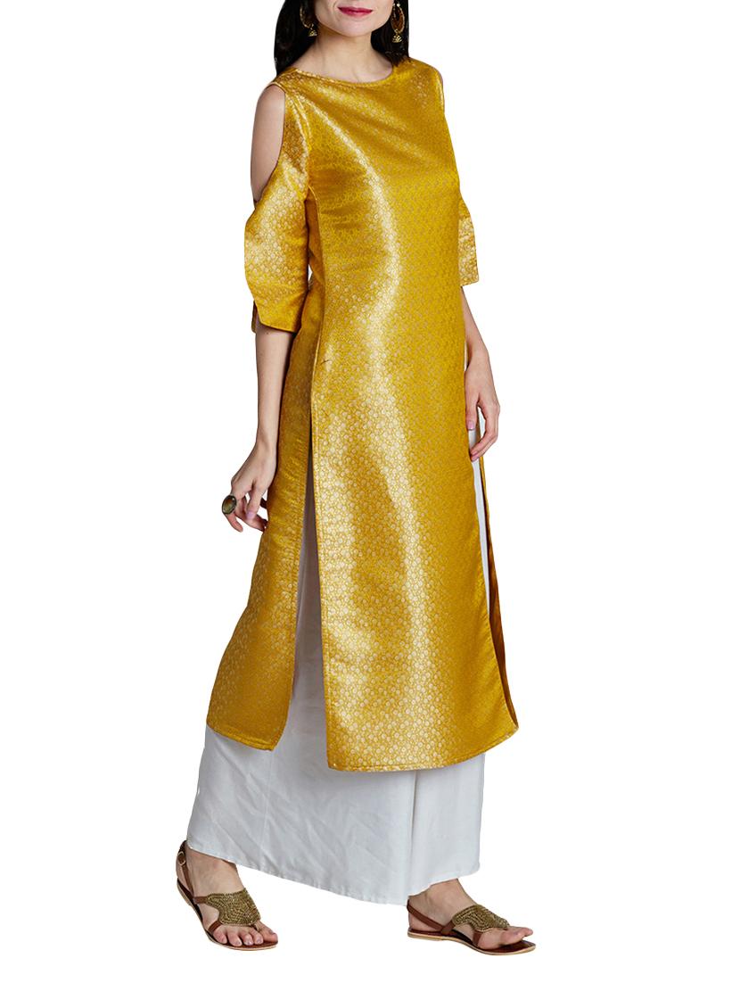 yellow silk high slit kurta - 14417712 - Zoom Image - 2