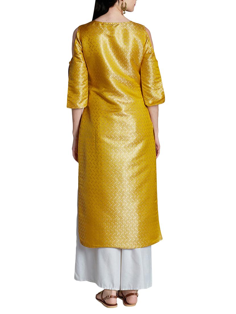 yellow silk high slit kurta - 14417712 - Zoom Image - 3