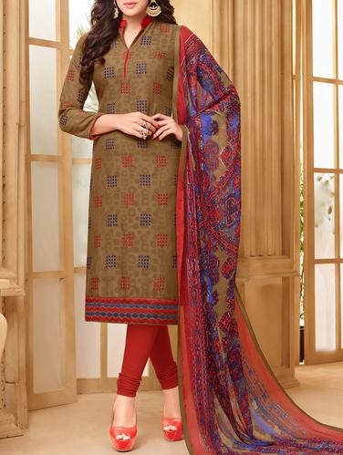 brown cotton printed dress material - 14418136 - Very Small Image - 1