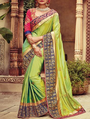 green silk embroidered saree with blouse - 14419926 - Very Small Image - 1