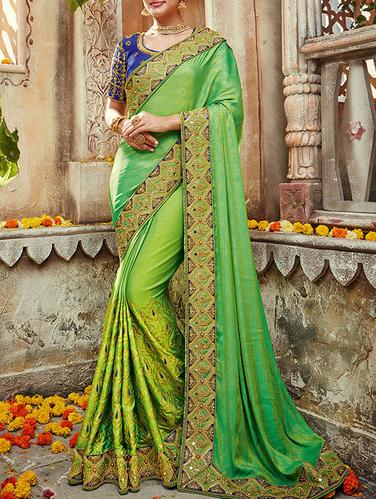 green silk embroidered saree with blouse - 14419939 - Very Small Image - 1