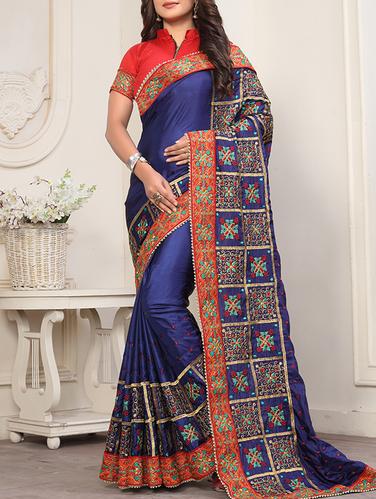 blue silk embroidered saree with blouse - 14420019 - Very Small Image - 1