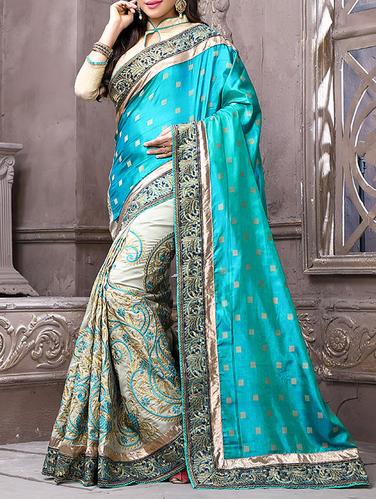 turquoise silk half & half saree with blouse - 14420150 - Very Small Image - 1
