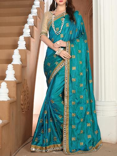 Blue silk embroidered saree with blouse - 14420201 - Very Small Image - 1