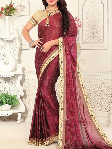 purple silk blend foil printed saree with blouse - 14420246 - Very Small Image - 1