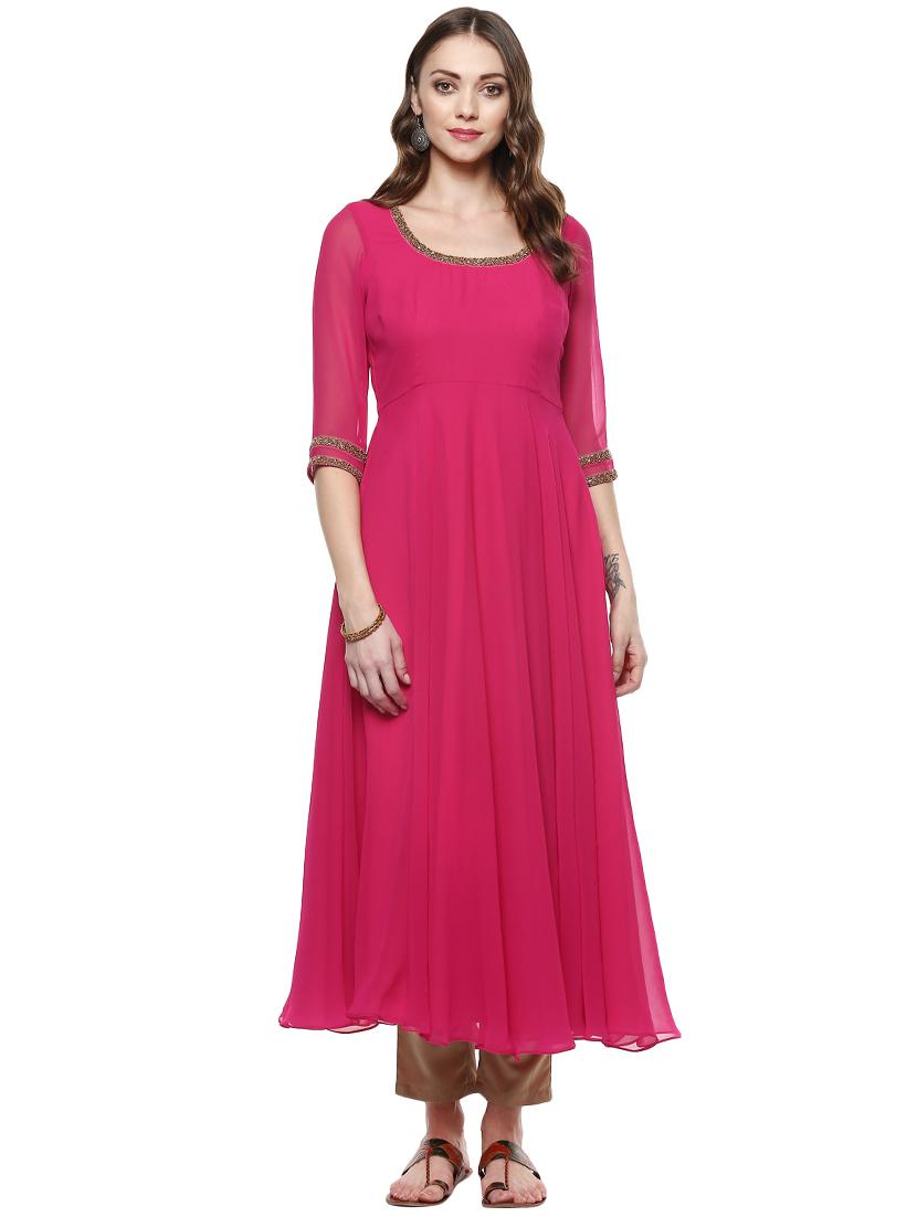 pink poly georgette flared kurta - 14420469 - Zoom Image - 1