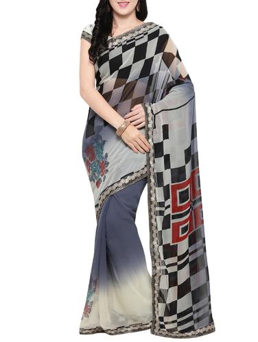 grey georgette printed saree with blouse - 14420554 - Very Small Image - 1