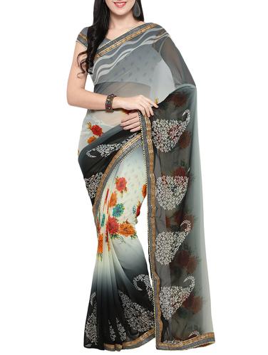 grey georgette printed saree with blouse - 14420555 - Very Small Image - 1