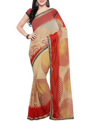 beige georgette printed saree with blouse - 14420556 - Very Small Image - 1
