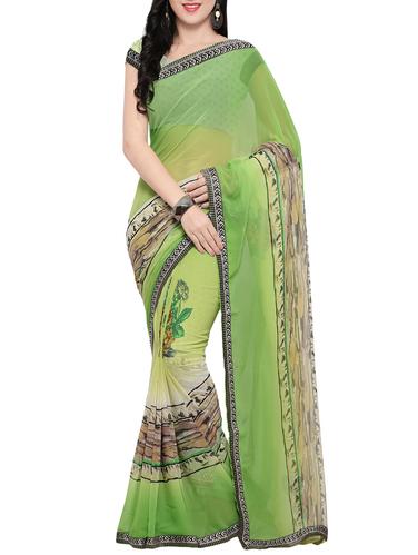 green georgette printed saree with blouse - 14420557 - Very Small Image - 1