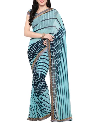 blue georgette printed saree with blouse - 14420568 - Very Small Image - 1