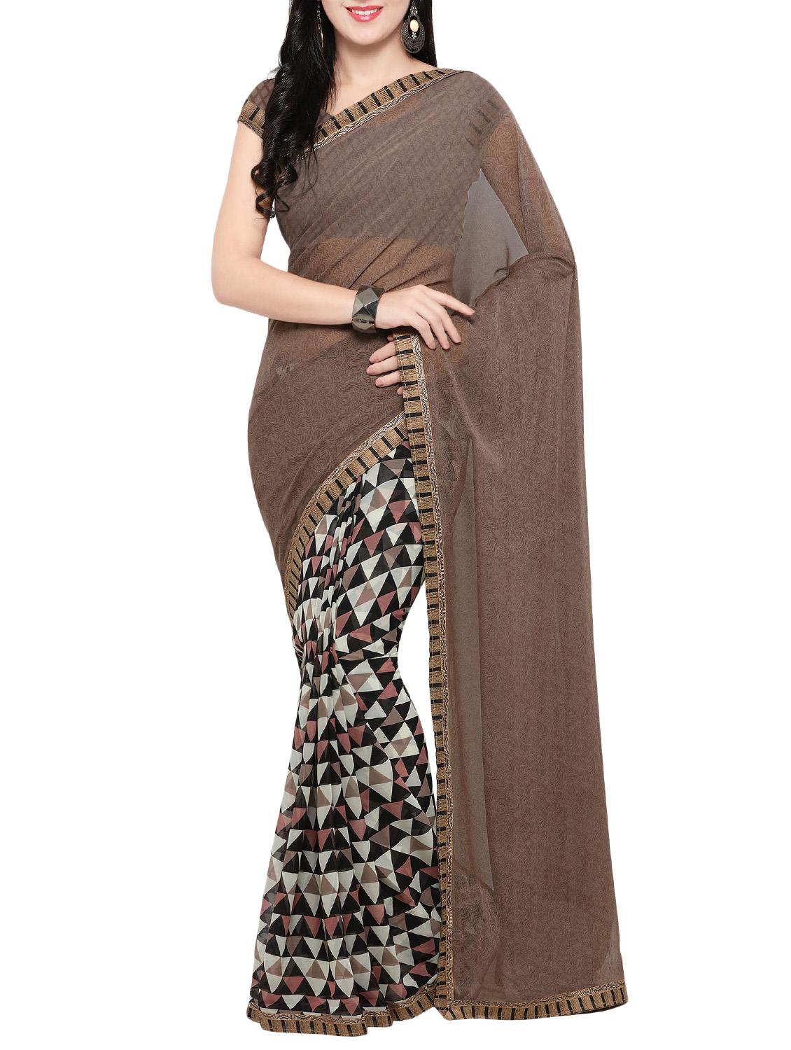 brown georgette printed saree with blouse - 14420569 - Zoom Image - 1