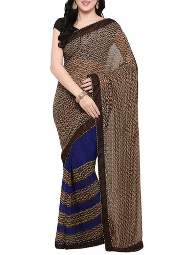 brown georgette printed saree with blouse - 14420570 - Very Small Image - 1