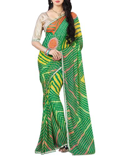 green chiffon leheriya saree with blouse - 14420735 - Very Small Image - 1