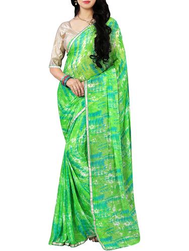green chiffon tie & dye saree with blouse - 14420738 - Very Small Image - 1