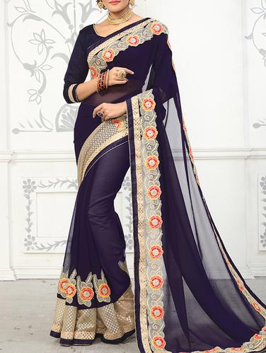blue georgette embroidered saree with blouse - 14420870 - Very Small Image - 1