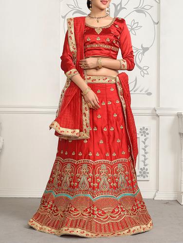 red satin embroidered panelled lehenga - 14421087 - Very Small Image - 1