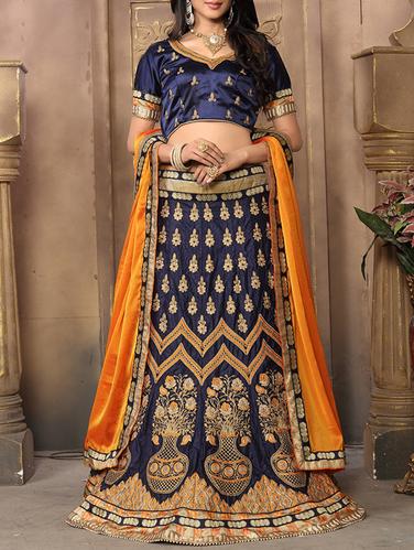 blue satin embroidered panelled lehenga - 14421151 - Very Small Image - 1