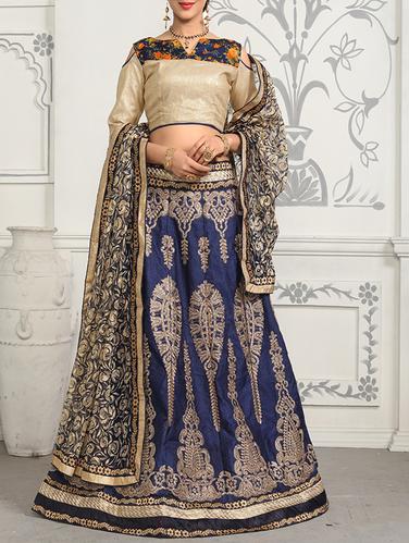 blue satin embroidered panelled lehenga - 14421426 - Very Small Image - 1