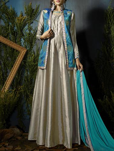 beige anarkali semi-stitched suit - 14423469 - Very Small Image - 1
