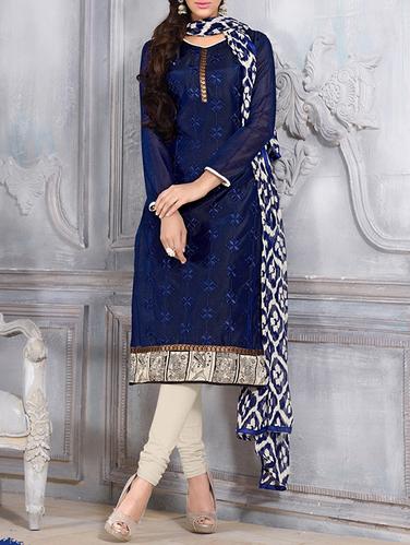 blue cotton semi-stitched churidaar suit - 14424534 - Very Small Image - 1