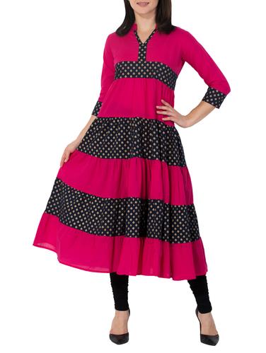 pink cotton tiered kurta - 14424701 - Very Small Image - 1