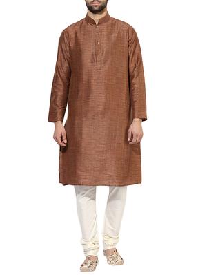brown silk blend long kurta - 14424902 - Standard Image - 1