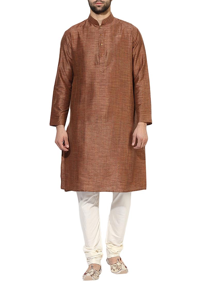 brown silk blend long kurta - 14424902 - Zoom Image - 1