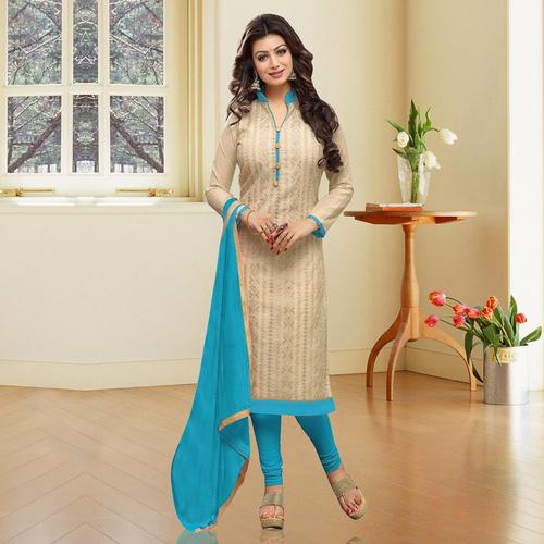 beige cotton semi-stitched churidaar suit - 14425097 - Very Small Image - 1
