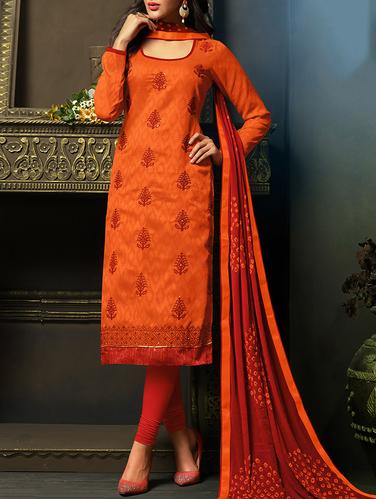 orange cotton semi-stitched churidaar suit - 14425104 - Very Small Image - 1