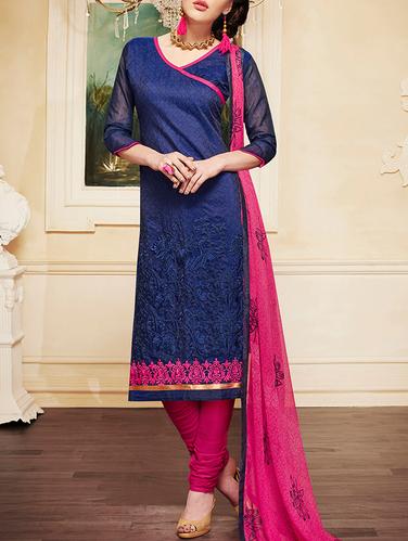 blue cotton semi-stitched churidaar suit - 14425105 - Very Small Image - 1