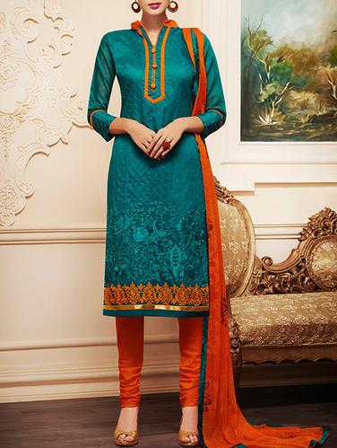 Turquoise cotton semi-stitched churidaar suit - 14425115 - Very Small Image - 1