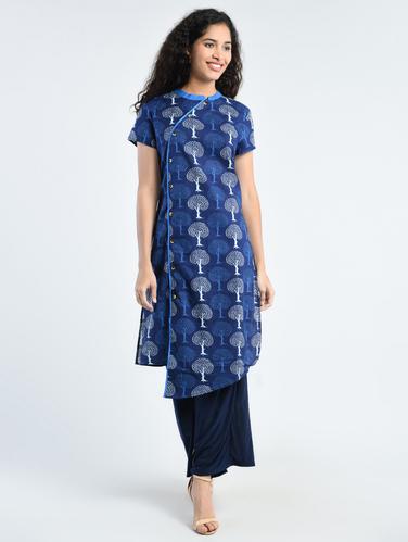 blue cotton asymmetric kurta - 14426010 - Very Small Image - 1
