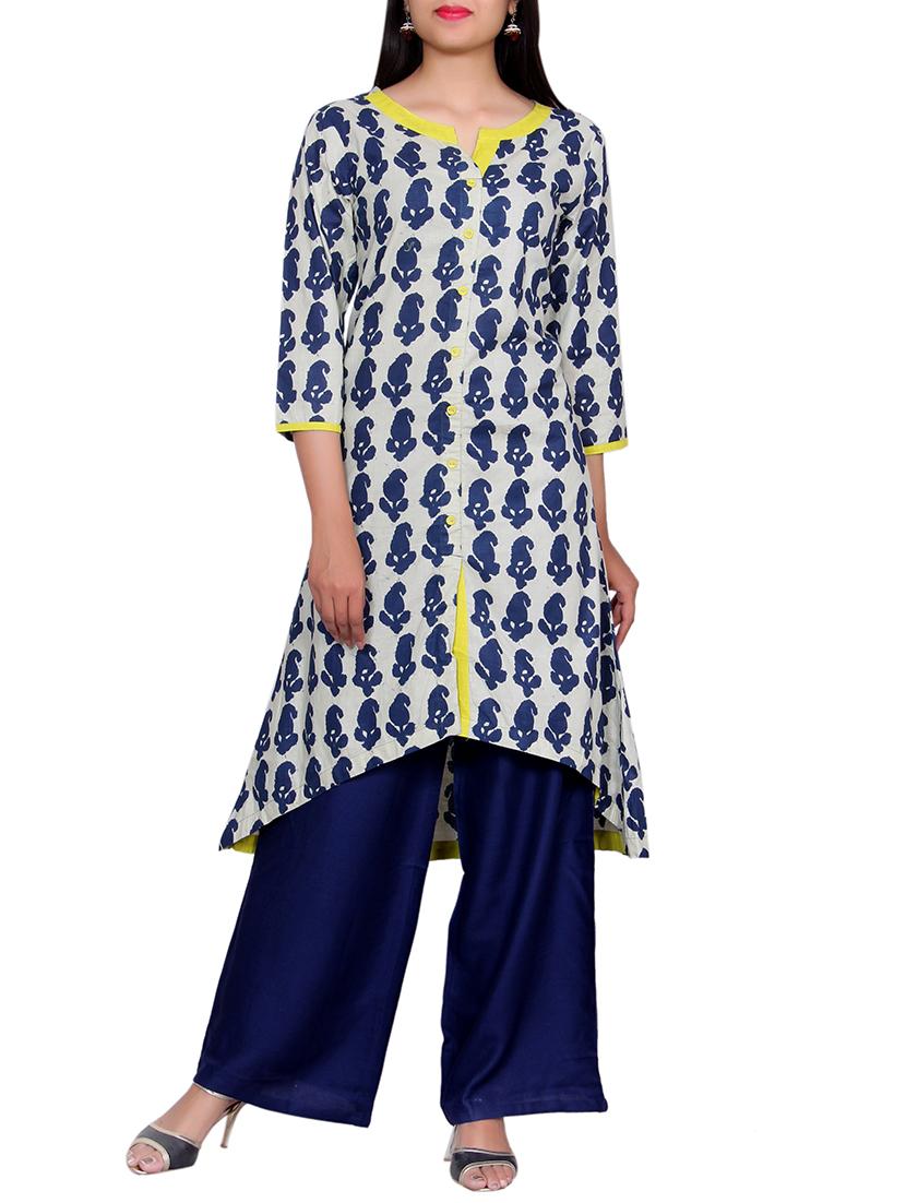 blue cotton high-low kurta - 14427130 - Zoom Image - 1