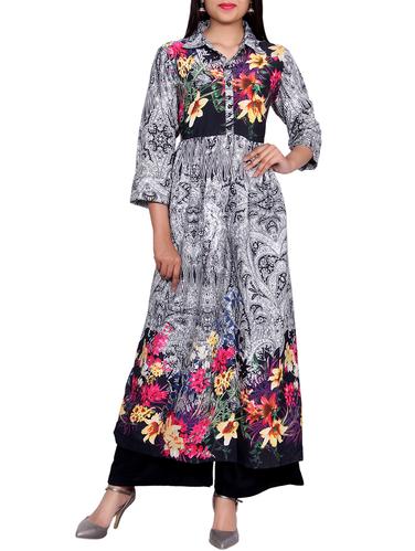 Grey crepe flared kurta - 14427148 - Very Small Image - 1