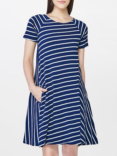 Blue stripped cotton a-line dress - 14427715 - Very Small Image - 1