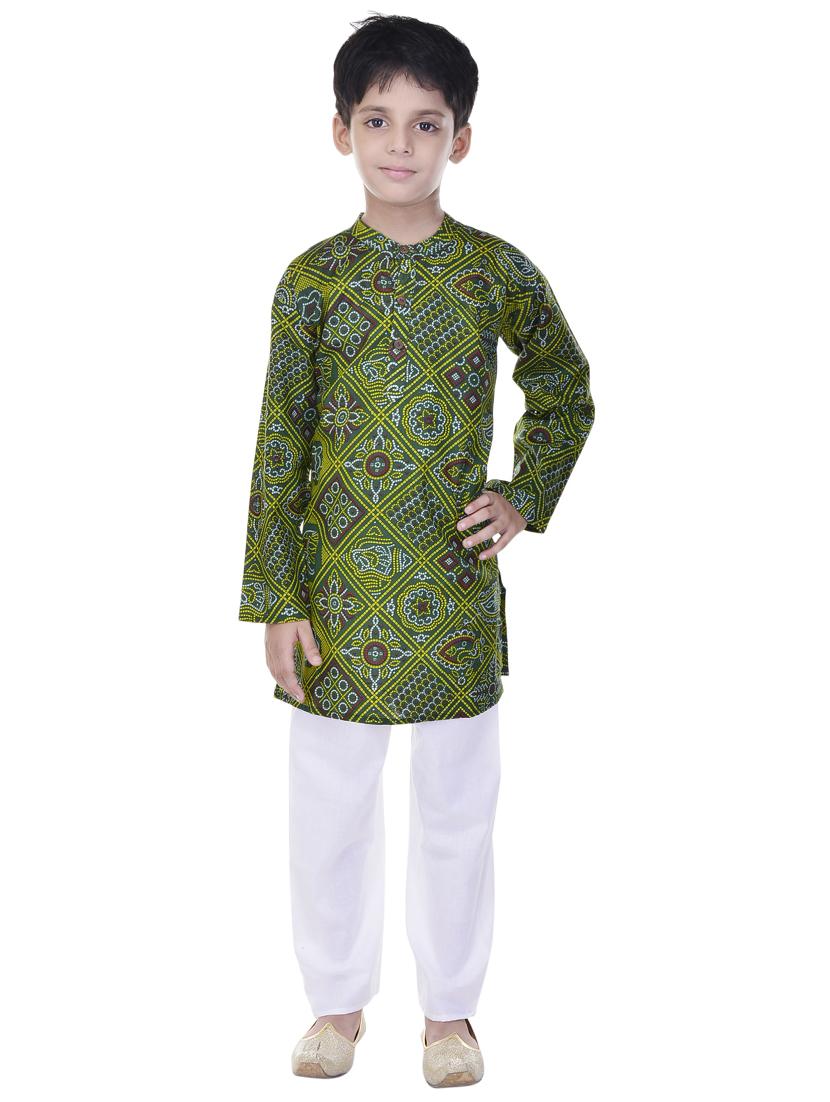 green and white cotton kurta set - 14428932 - Zoom Image - 4