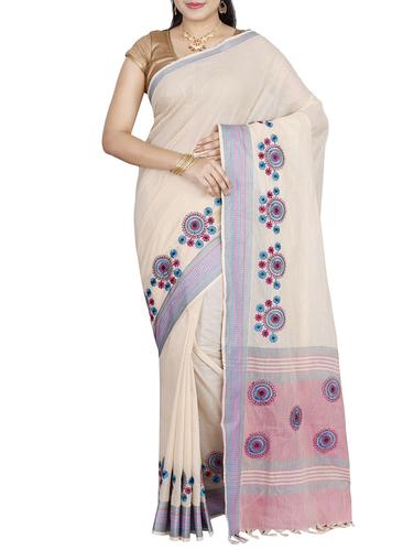 cream cotton embroidered saree with blouse - 14429006 - Very Small Image - 1