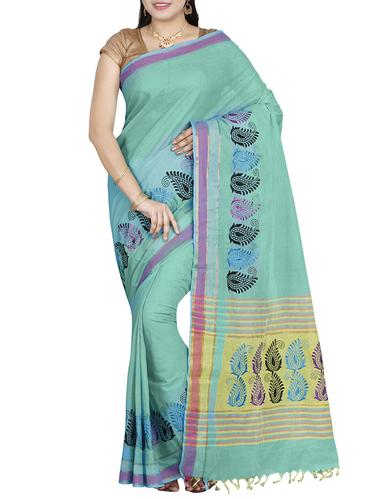 blue cotton plain saree with blouse - 14429007 - Very Small Image - 1