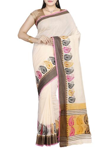 cream cotton plain saree - 14429008 - Very Small Image - 1