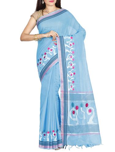 blue cotton plain saree with blouse - 14429015 - Very Small Image - 1