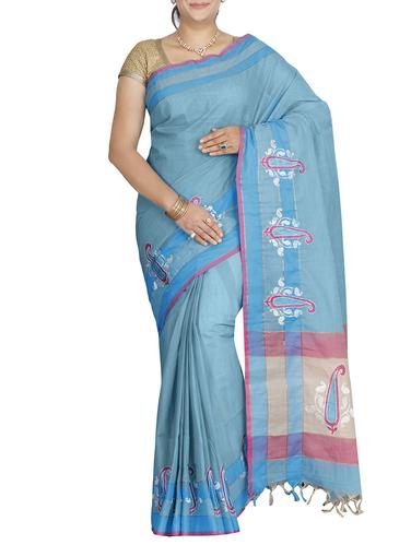 blue cotton plain saree with blouse - 14429018 - Very Small Image - 1