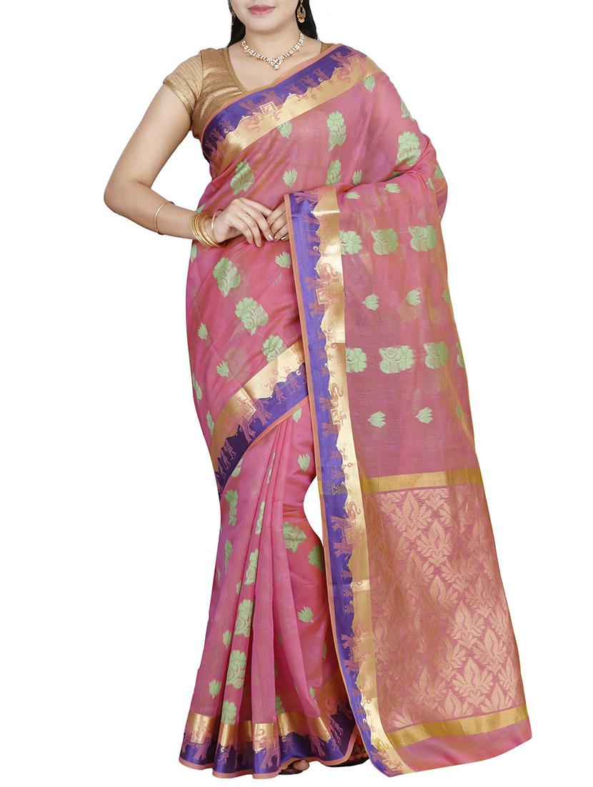 pink cotton silk woven saree with blouse - 14429024 - Zoom Image - 1