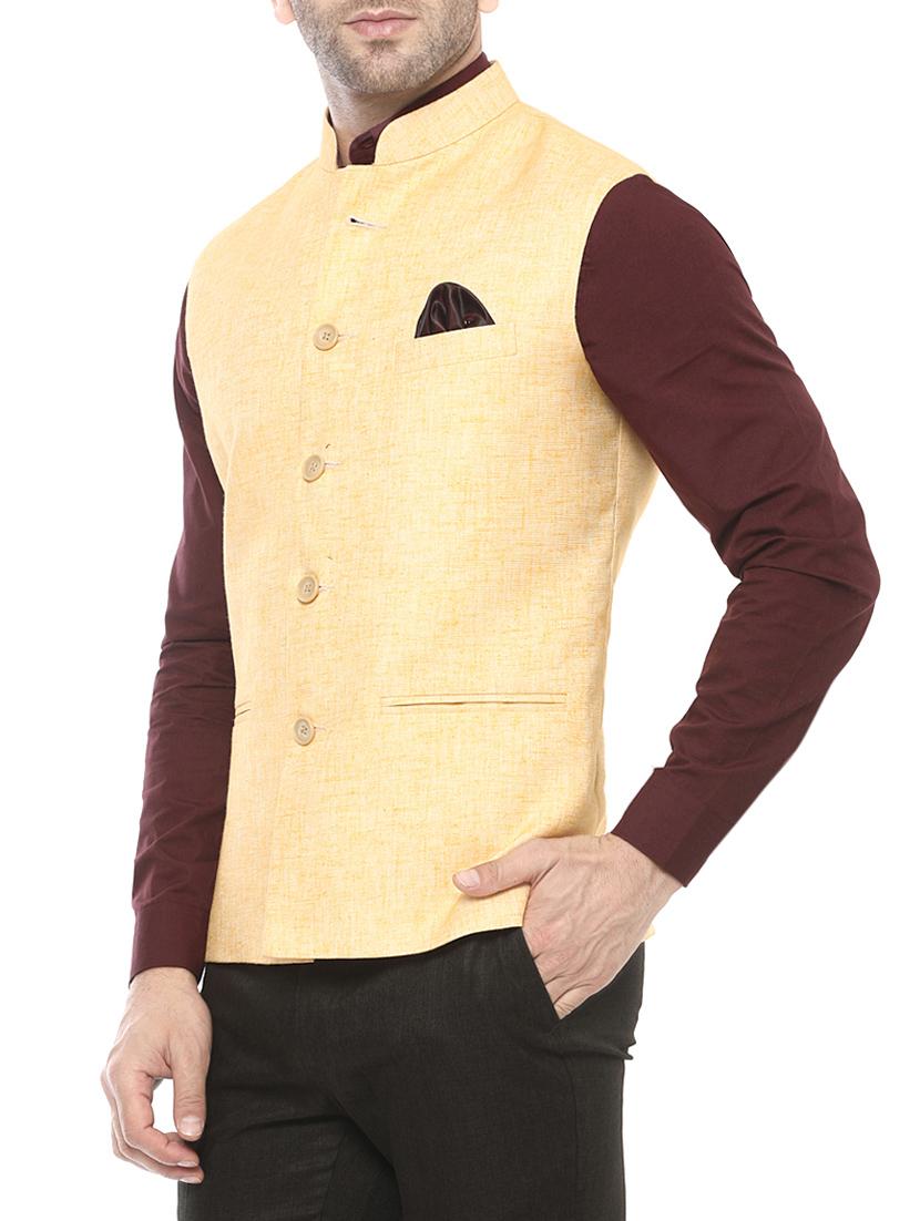 yellow cotton nehru jacket - 14430982 - Zoom Image - 2