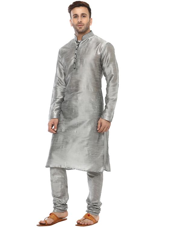 grey silk blend kurta payjama set - 14431422 - Zoom Image - 2